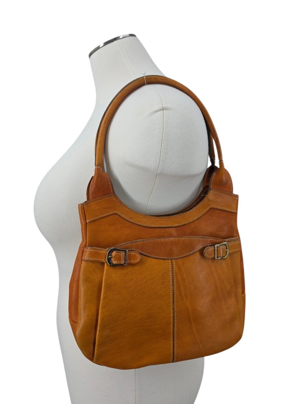 Vintage 70s Tan Leather Shoulder Hobo Bag Boho Structured Leather